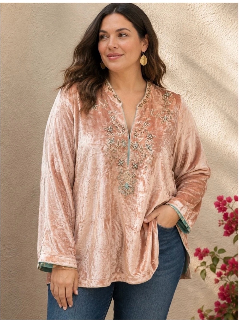 Soft Surroundings Blush Velvet Hand Embroidered & Beaded V-Neck Tunic NWT 2X